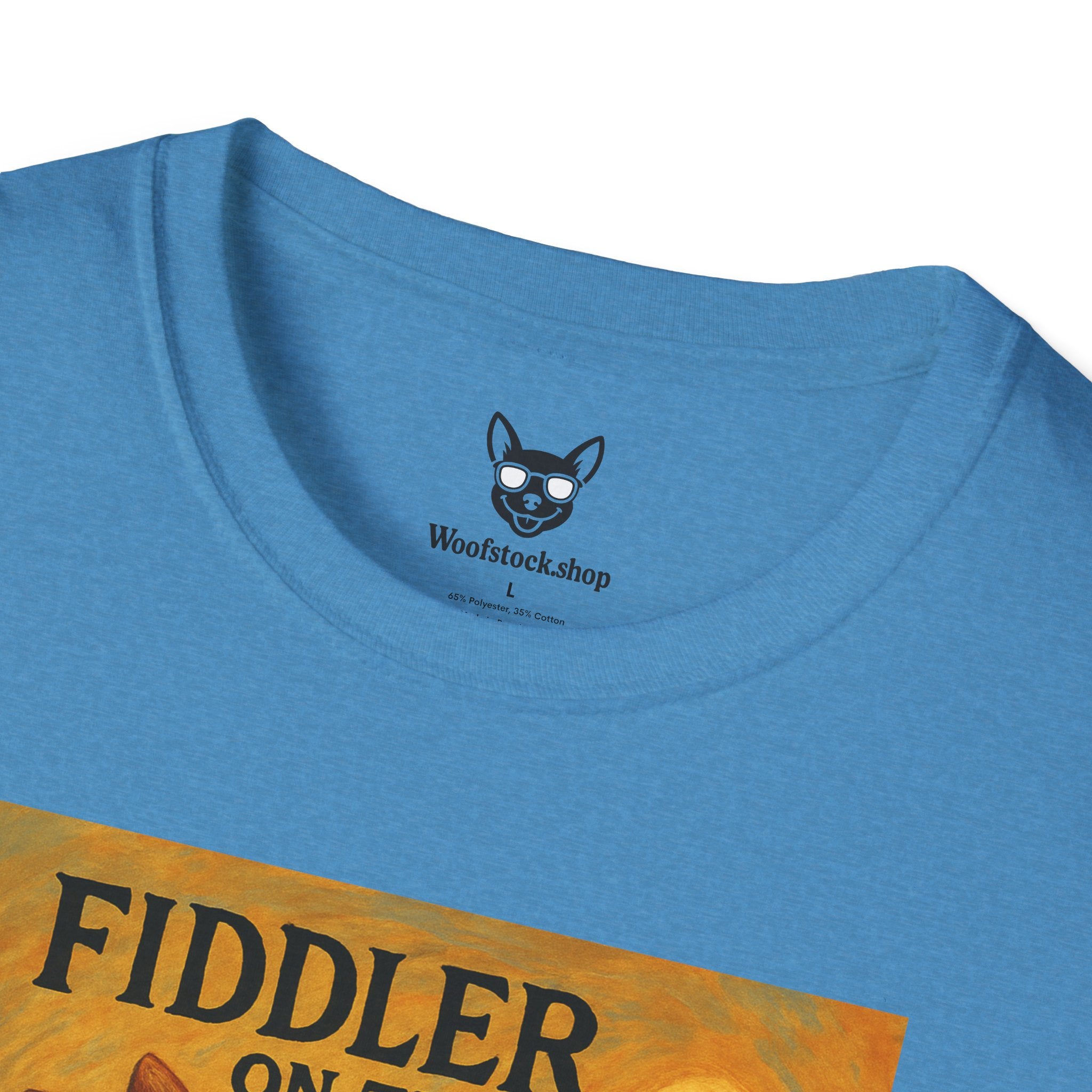 Fiddler on the Woof Broadway Poster Dog Parody Unisex Softstyle T-Shirt -- Funny Broadway Movie Tee for Theater and Dog Lovers
